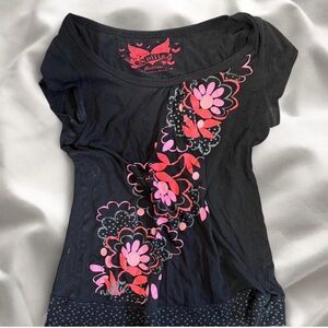 Nollie Black Top with Pink Floral Design